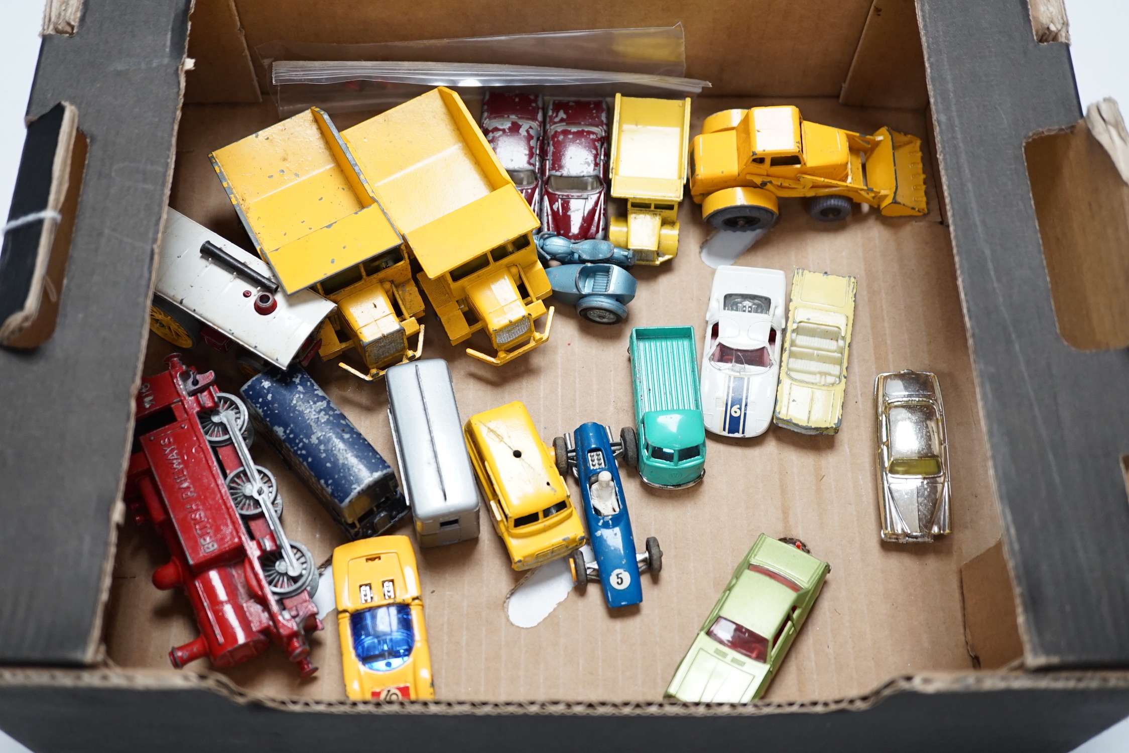 A collection of 1960's and 70's Corgi and Matchbox diecast vehicles (70+) many for restoration, including two James Bond 007 Aston Martin DB5 cars in gold finish, a Chitty Chitty Bang Bang, a boxed Corgi Major Toys Holme